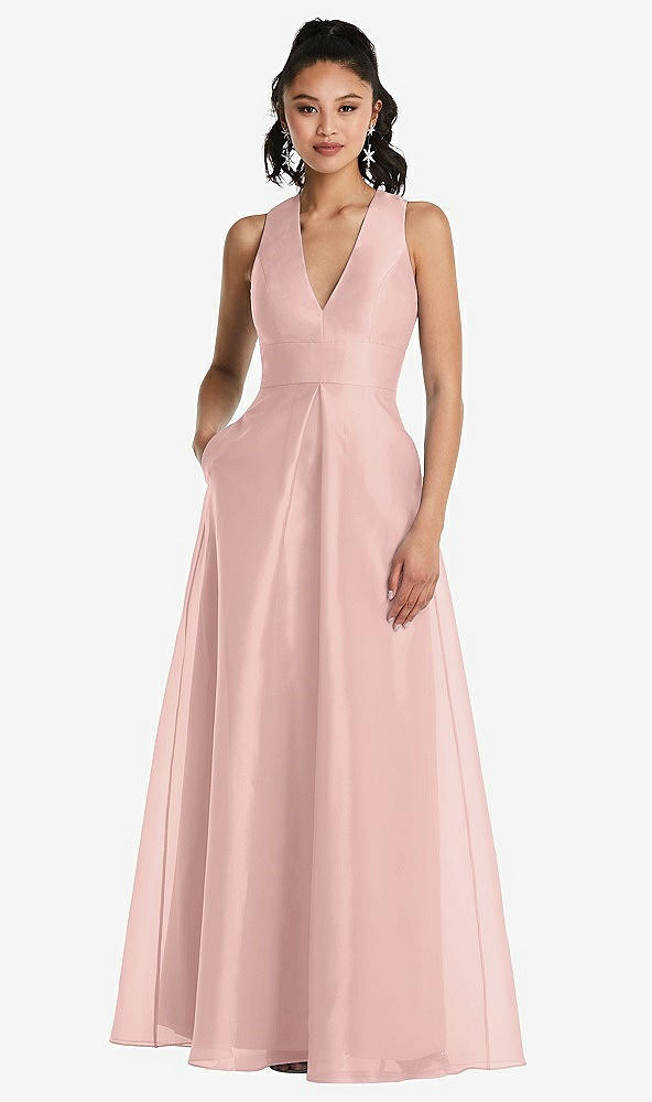 Front View - Rose - PANTONE Rose Quartz Plunging Neckline Pleated Skirt Maxi Dress with Pockets