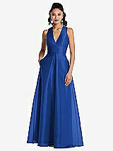 Front View Thumbnail - Sapphire Plunging Neckline Pleated Skirt Maxi Dress with Pockets