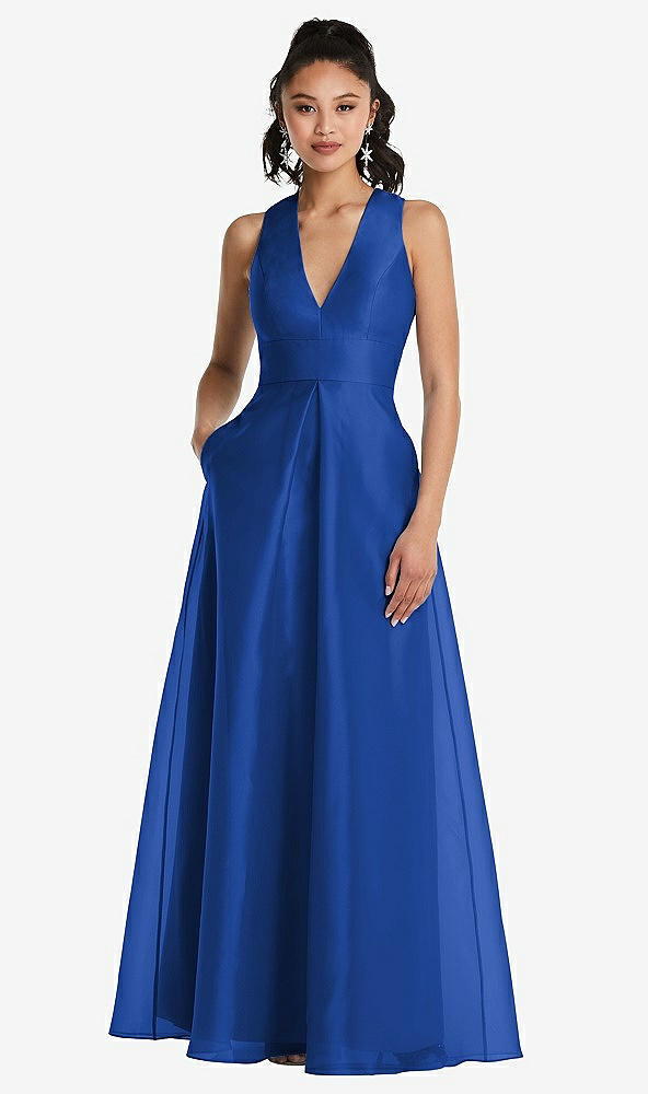 Front View - Sapphire Plunging Neckline Pleated Skirt Maxi Dress with Pockets