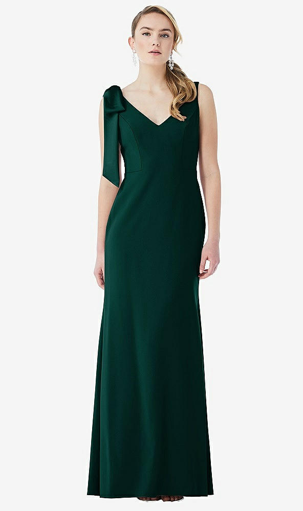 Front View - Evergreen Bow-Shoulder V-Back Trumpet Gown