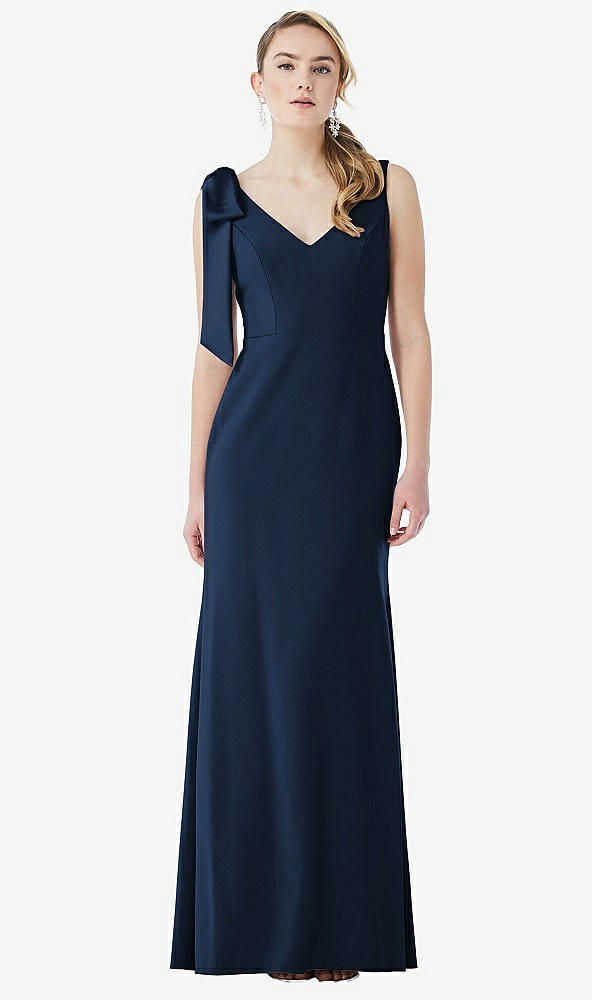 Front View - Midnight Navy Bow-Shoulder V-Back Trumpet Gown