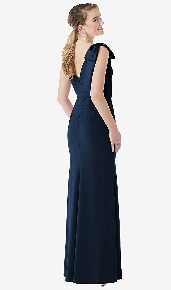 Back View - Midnight Navy Bow-Shoulder V-Back Trumpet Gown