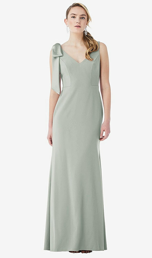Front View - Willow Green Bow-Shoulder V-Back Trumpet Gown