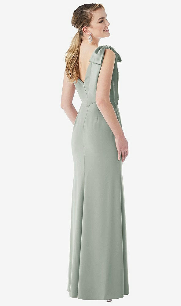 Back View - Willow Green Bow-Shoulder V-Back Trumpet Gown