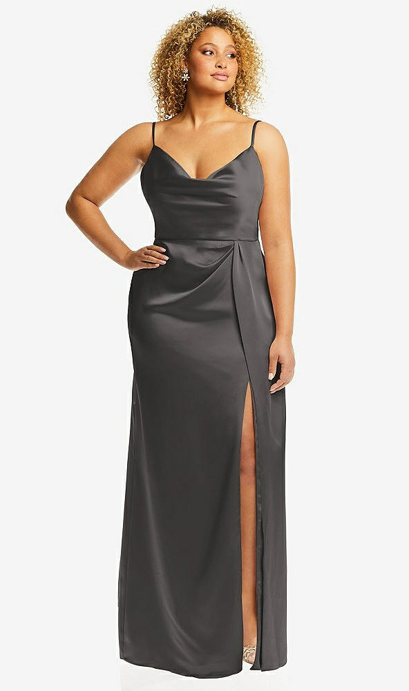 Front View - Caviar Gray Cowl-Neck Draped Wrap Maxi Dress with Front Slit