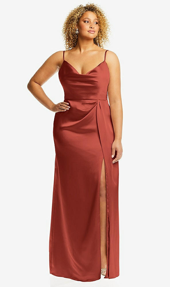 Front View - Amber Sunset Cowl-Neck Draped Wrap Maxi Dress with Front Slit