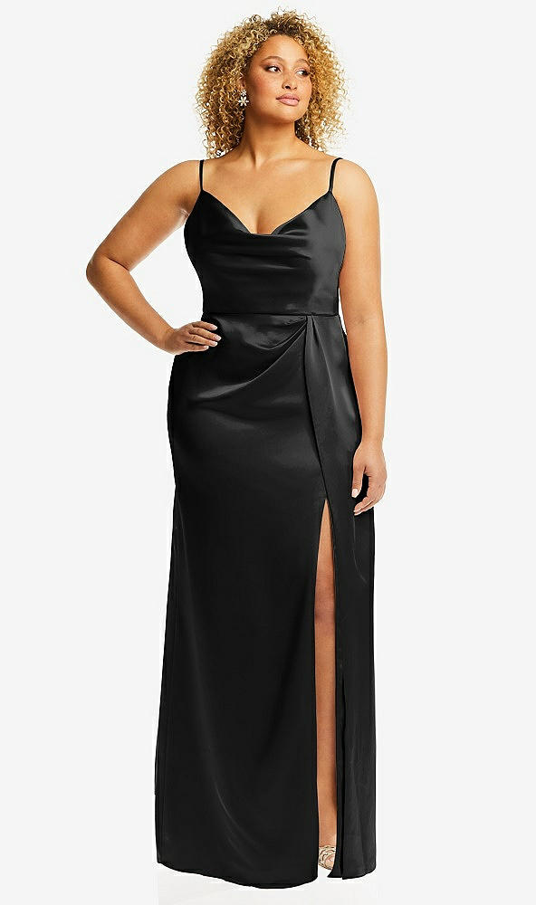 Front View - Black Cowl-Neck Draped Wrap Maxi Dress with Front Slit