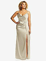 Front View Thumbnail - Champagne Cowl-Neck Draped Wrap Maxi Dress with Front Slit