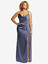 Front View Thumbnail - French Blue Cowl-Neck Draped Wrap Maxi Dress with Front Slit