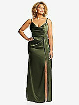 Front View Thumbnail - Olive Green Cowl-Neck Draped Wrap Maxi Dress with Front Slit