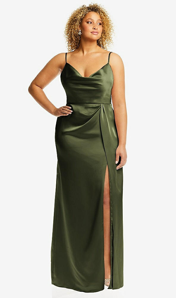Front View - Olive Green Cowl-Neck Draped Wrap Maxi Dress with Front Slit