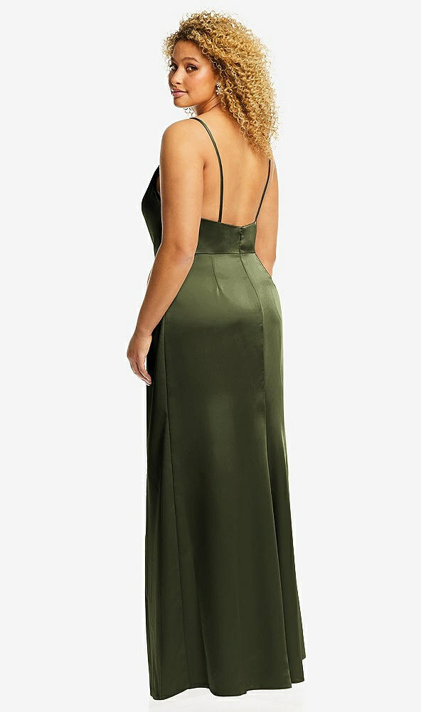 Back View - Olive Green Cowl-Neck Draped Wrap Maxi Dress with Front Slit