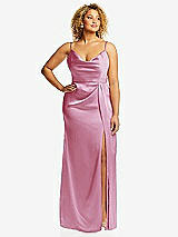 Front View Thumbnail - Powder Pink Cowl-Neck Draped Wrap Maxi Dress with Front Slit
