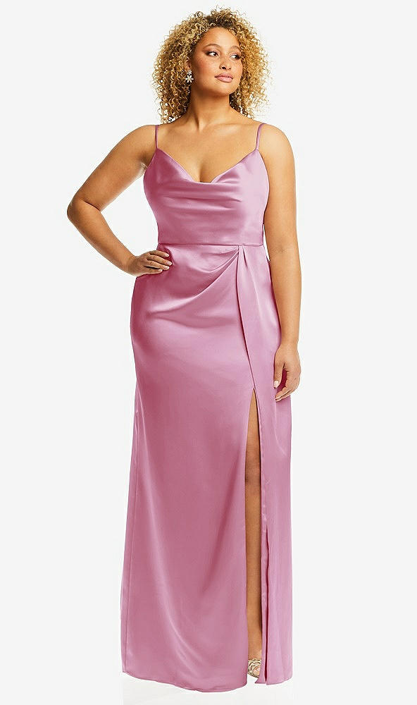 Front View - Powder Pink Cowl-Neck Draped Wrap Maxi Dress with Front Slit