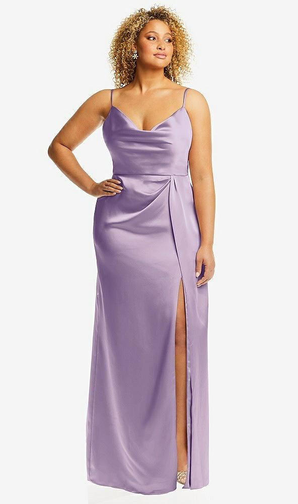 Front View - Pale Purple Cowl-Neck Draped Wrap Maxi Dress with Front Slit
