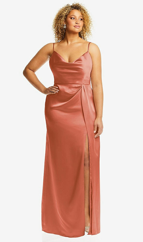 Front View - Terracotta Copper Cowl-Neck Draped Wrap Maxi Dress with Front Slit