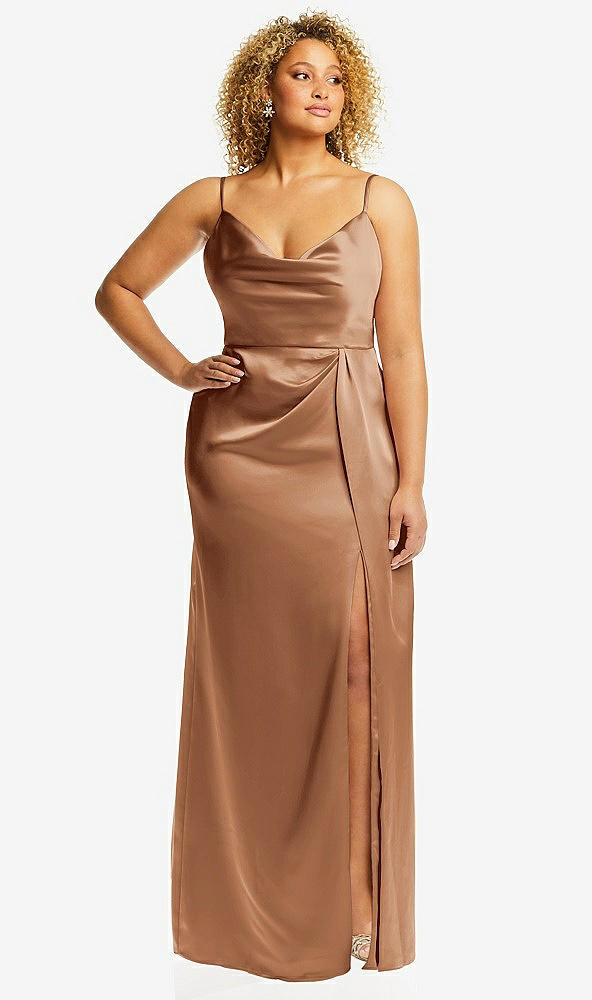 Front View - Toffee Cowl-Neck Draped Wrap Maxi Dress with Front Slit