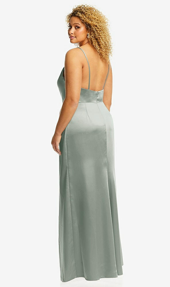 Back View - Willow Green Cowl-Neck Draped Wrap Maxi Dress with Front Slit