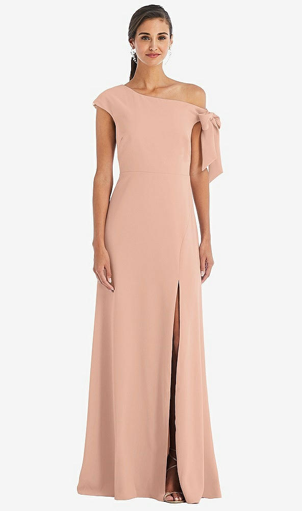 Front View - Pale Peach Off-the-Shoulder Tie Detail Maxi Dress with Front Slit