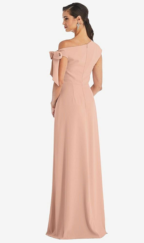 Back View - Pale Peach Off-the-Shoulder Tie Detail Maxi Dress with Front Slit