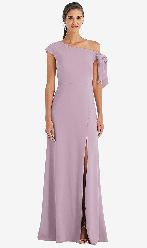 Front View - Suede Rose Off-the-Shoulder Tie Detail Maxi Dress with Front Slit