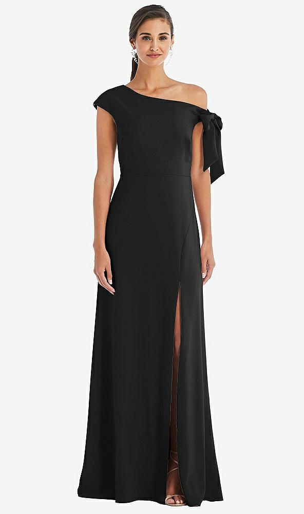 Front View - Black Off-the-Shoulder Tie Detail Maxi Dress with Front Slit