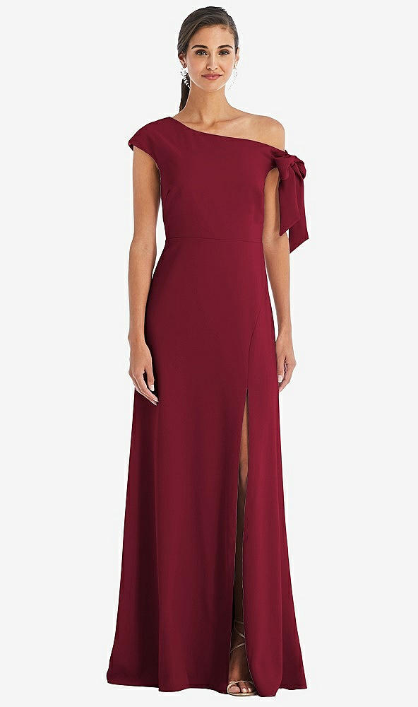Front View - Burgundy Off-the-Shoulder Tie Detail Maxi Dress with Front Slit