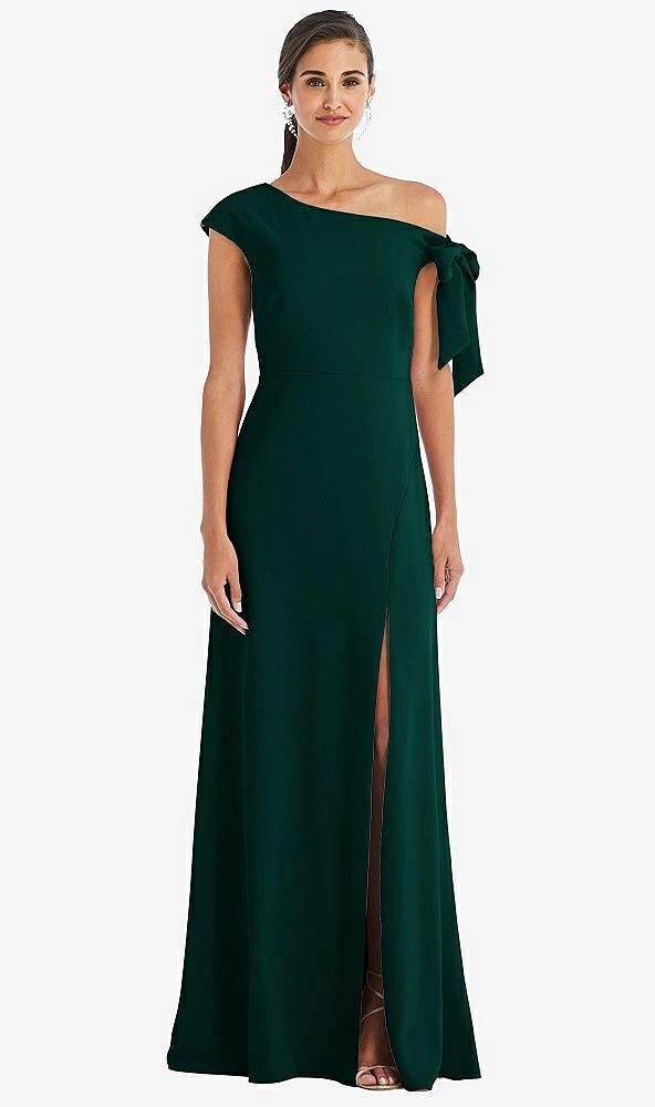 Front View - Evergreen Off-the-Shoulder Tie Detail Maxi Dress with Front Slit