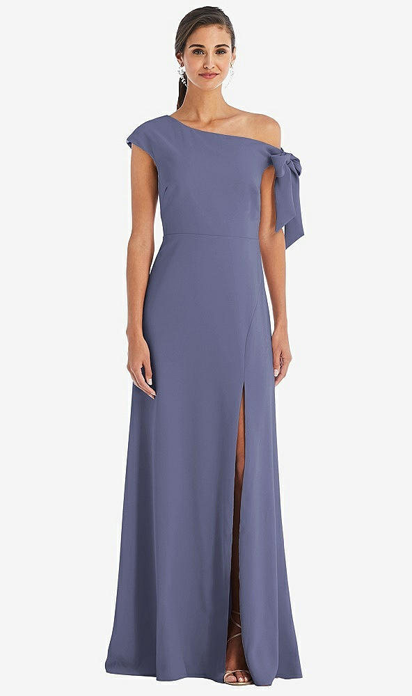 Front View - French Blue Off-the-Shoulder Tie Detail Maxi Dress with Front Slit