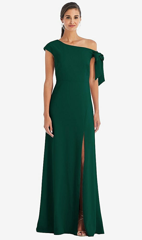 Front View - Hunter Green Off-the-Shoulder Tie Detail Maxi Dress with Front Slit