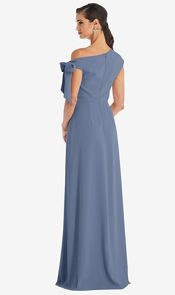 Back View - Larkspur Blue Off-the-Shoulder Tie Detail Maxi Dress with Front Slit