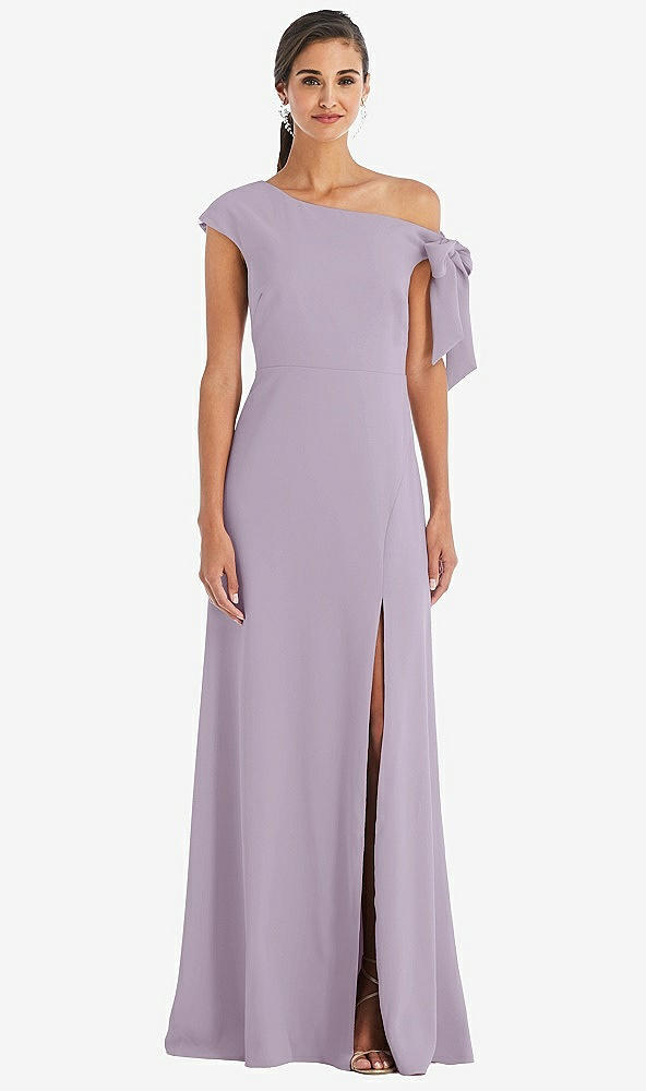 Front View - Lilac Haze Off-the-Shoulder Tie Detail Maxi Dress with Front Slit