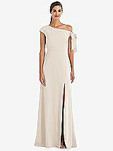 Front View Thumbnail - Oat Off-the-Shoulder Tie Detail Maxi Dress with Front Slit