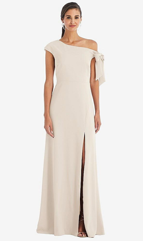 Front View - Oat Off-the-Shoulder Tie Detail Maxi Dress with Front Slit