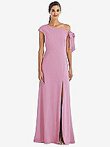 Front View Thumbnail - Powder Pink Off-the-Shoulder Tie Detail Maxi Dress with Front Slit