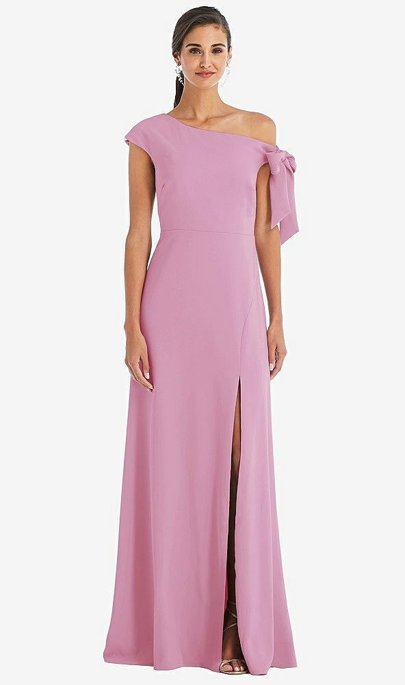 Front View - Powder Pink Off-the-Shoulder Tie Detail Maxi Dress with Front Slit