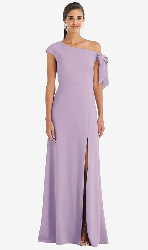Front View - Pale Purple Off-the-Shoulder Tie Detail Maxi Dress with Front Slit