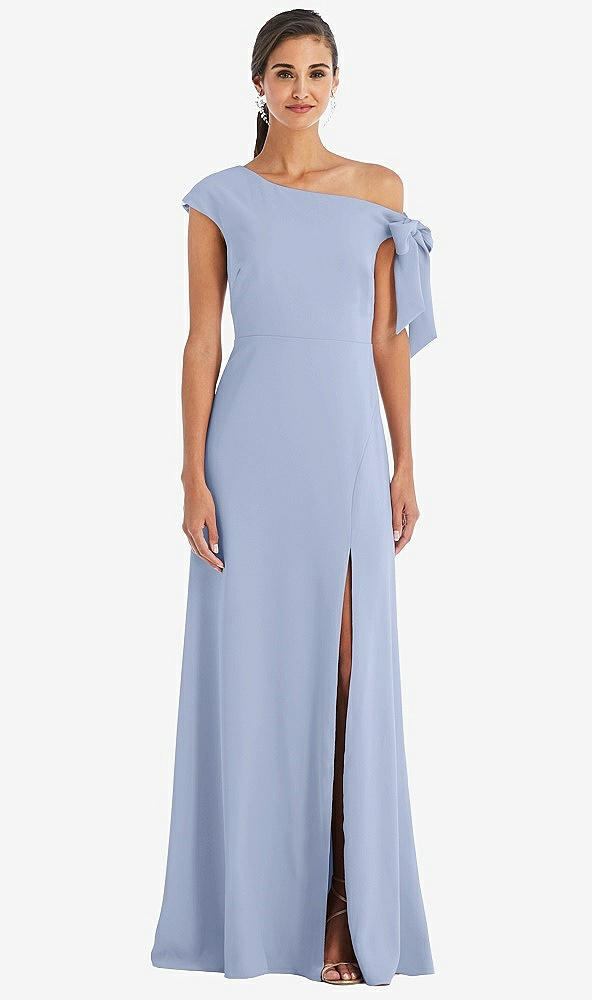 Front View - Sky Blue Off-the-Shoulder Tie Detail Maxi Dress with Front Slit