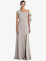 Front View Thumbnail - Taupe Off-the-Shoulder Tie Detail Maxi Dress with Front Slit