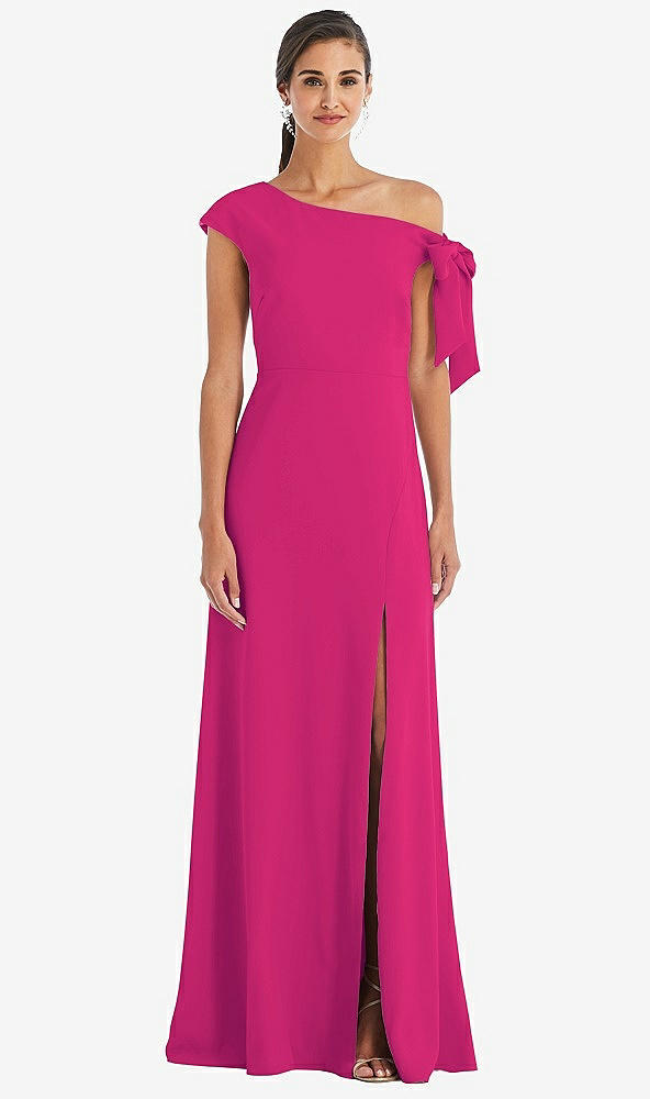 Front View - Think Pink Off-the-Shoulder Tie Detail Maxi Dress with Front Slit