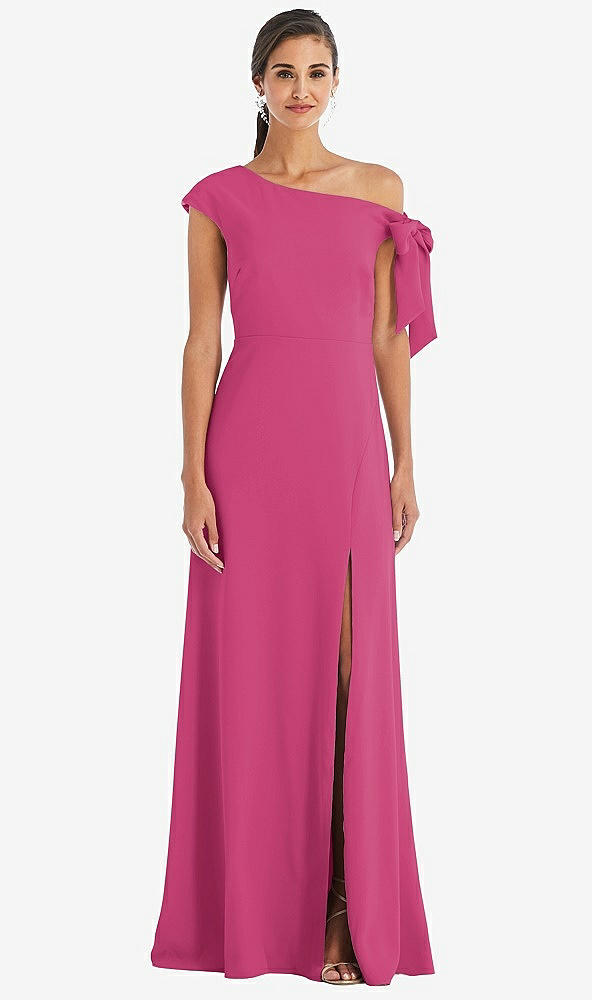 Front View - Tea Rose Off-the-Shoulder Tie Detail Maxi Dress with Front Slit