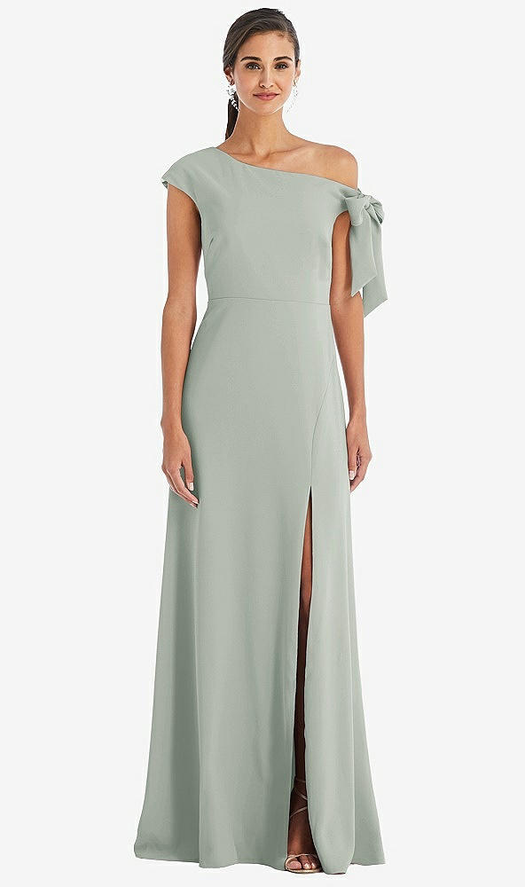 Front View - Willow Green Off-the-Shoulder Tie Detail Maxi Dress with Front Slit