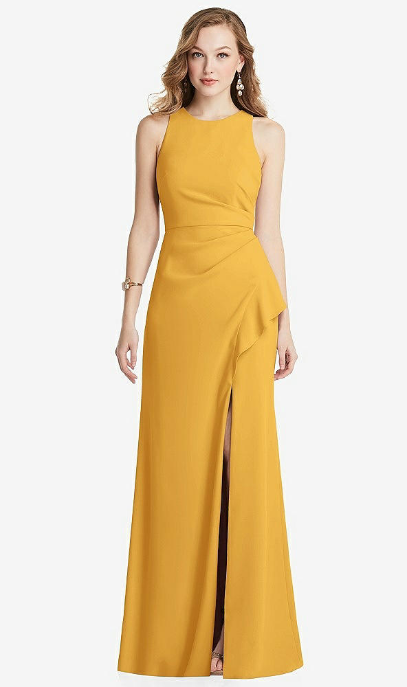 Front View - NYC Yellow Halter Maxi Dress with Cascade Ruffle Slit