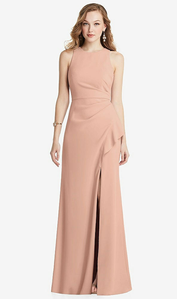 Front View - Pale Peach Halter Maxi Dress with Cascade Ruffle Slit