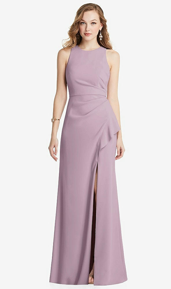 Front View - Suede Rose Halter Maxi Dress with Cascade Ruffle Slit