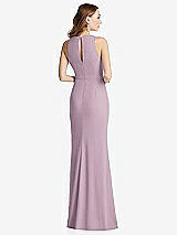 Rear View Thumbnail - Suede Rose Halter Maxi Dress with Cascade Ruffle Slit