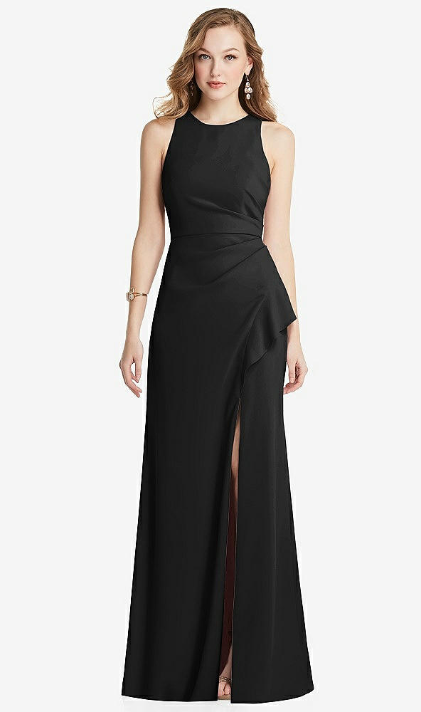 Front View - Black Halter Maxi Dress with Cascade Ruffle Slit