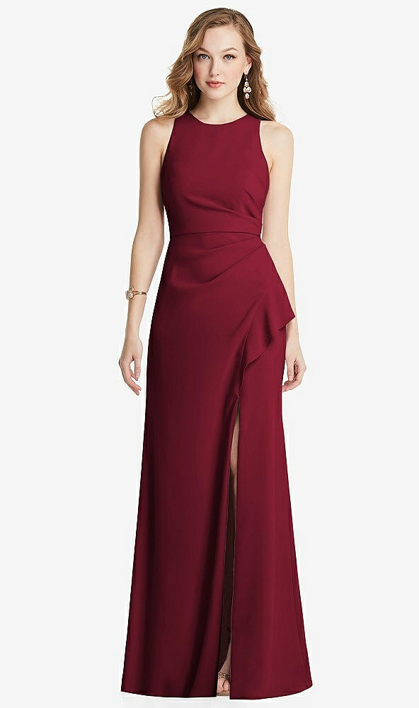 Front View - Burgundy Halter Maxi Dress with Cascade Ruffle Slit