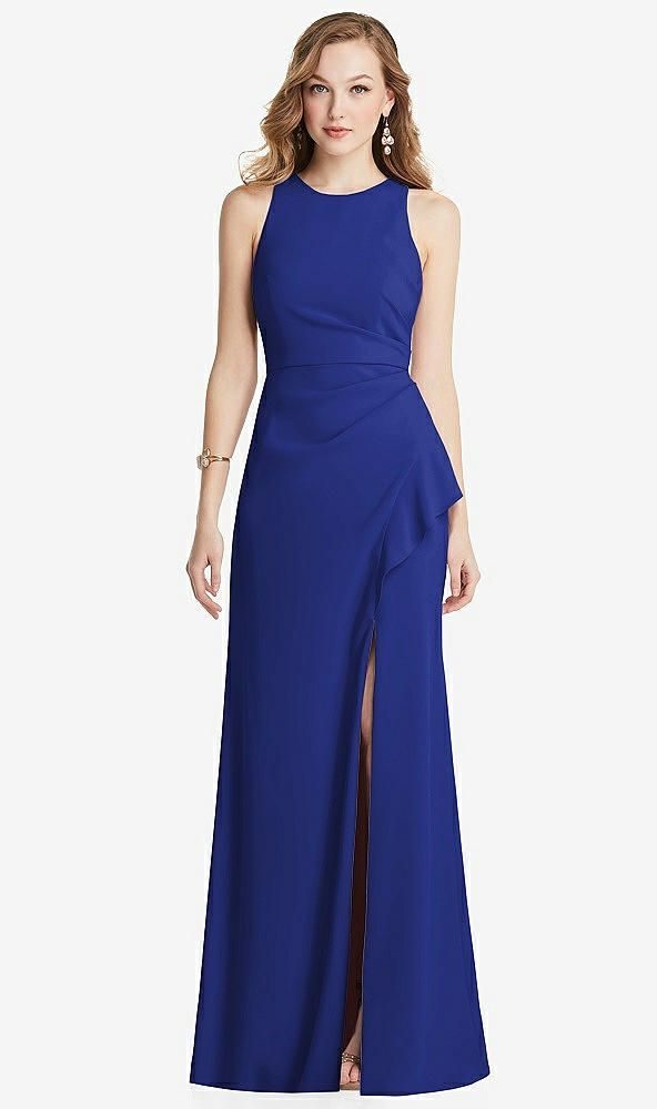 Front View - Cobalt Blue Halter Maxi Dress with Cascade Ruffle Slit