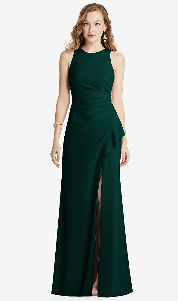 Front View - Evergreen Halter Maxi Dress with Cascade Ruffle Slit